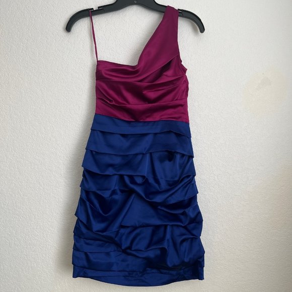 Express Colorblock Ruched Bodycon One Shoulder Mini Dress, Pink and Blue, Size S - Picture 2 of 13